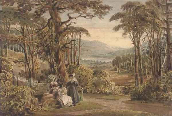 Figures with parasols conversing in an arcadian landscape Oil Painting by Ircle Of George Jun Barret