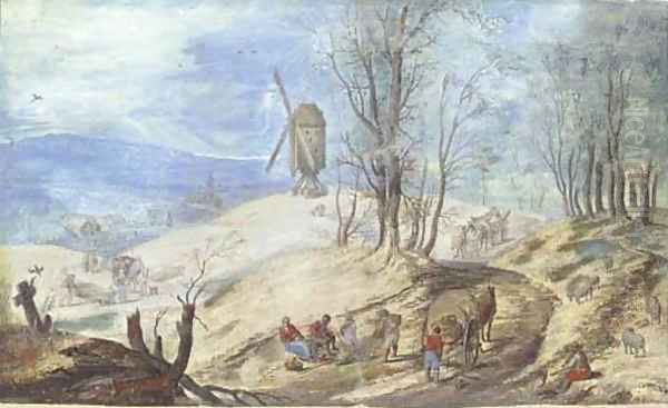 A hilly wooded landscape with a windmill Oil Painting by Jan The Elder Brueghel