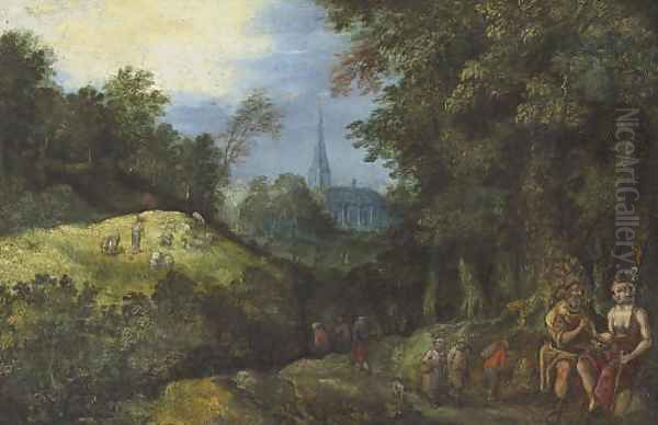 Figures in a wooded landscape Oil Painting by Jan The Elder Brueghel