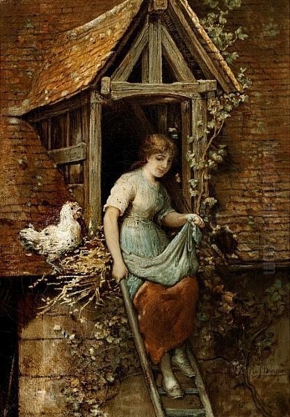 A Young Girl Collecting Eggs While Standing On A Ladder Oil Painting by Hendricus-Jacobus Burgers