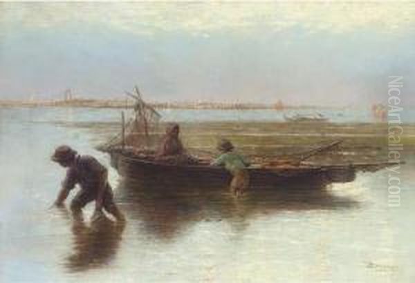 Shell Fishers On The Venetian Lagoon Oil Painting by Hendricus-Jacobus Burgers