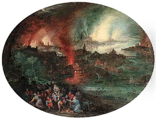 Aeneas rescuing Anchises from burning Troy Oil Painting by Jan The Elder Brueghel