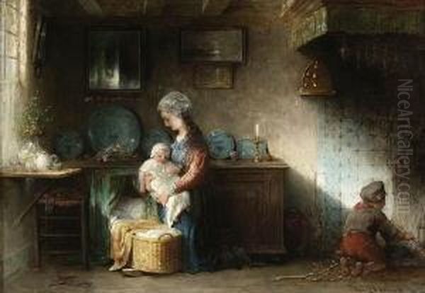 Junge Mutter Mit Ihren Kindern In
 Der Stube. Oil Painting by Hendricus-Jacobus Burgers