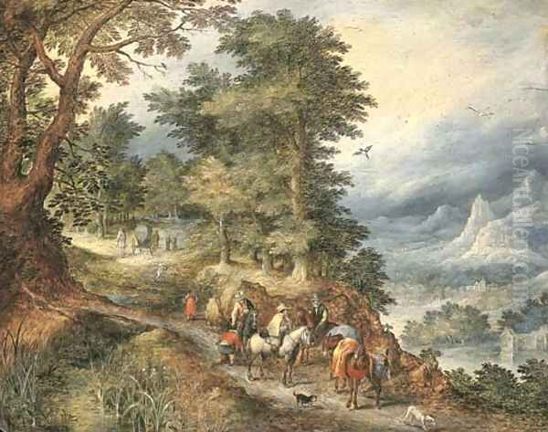 A mountainous landscape with travellers on a path Oil Painting by Jan The Elder Brueghel