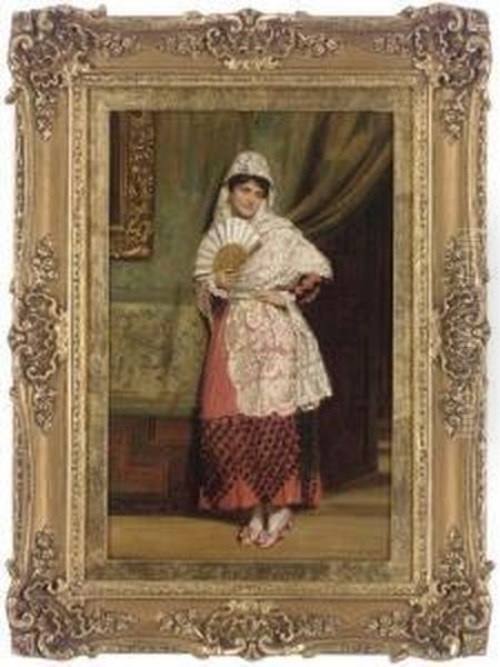 A Spanish Lady With A Fan In An Interior Oil Painting by John Bagnold Burgess