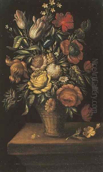 Tulips, roses, and other flowers in a basket on a ledge Oil Painting by Jan The Elder Brueghel