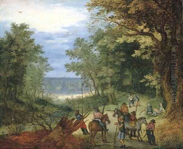 A wooded landscape with soldiers resting on a path by a stream Oil Painting by Jan The Elder Brueghel