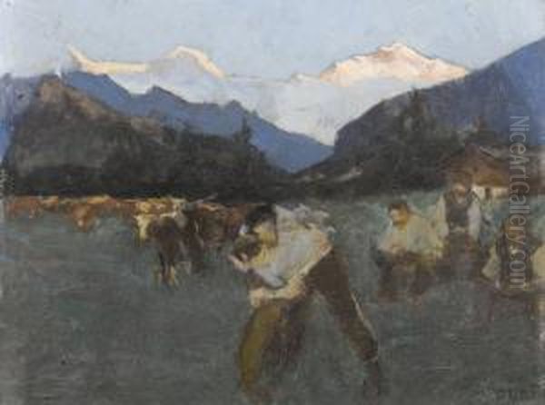 Schwingfest Im Berner Oberland Oil Painting by Max Alfred Buri