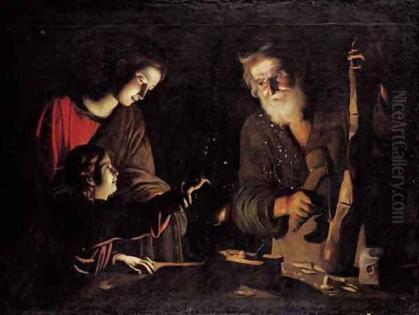 The Virgin and Child with Saint Joseph at the work bench Oil Painting by Trophime Bigot