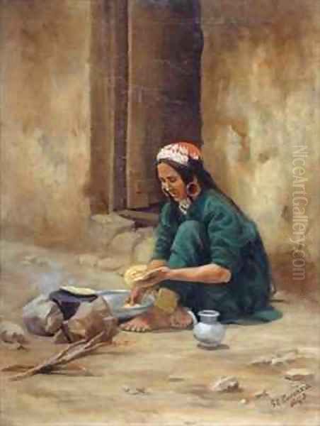 A Hill woman from Ladakh, cooking her food Oil Painting by Gertrude Ellen Burrard