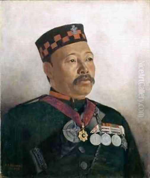 Subadar Major Judbhir Thapa, 2nd Gurkha Regiment Oil Painting by Gertrude Ellen Burrard