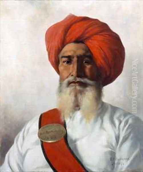 Ganda Singh, a Sikh chaprassee of Col Wilmer's topographical No 14 survey party Oil Painting by Gertrude Ellen Burrard