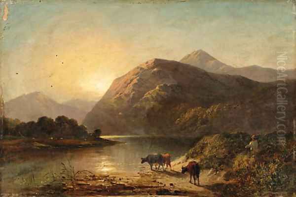 Cows by a highland lake Oil Painting by Alfred de Breanski