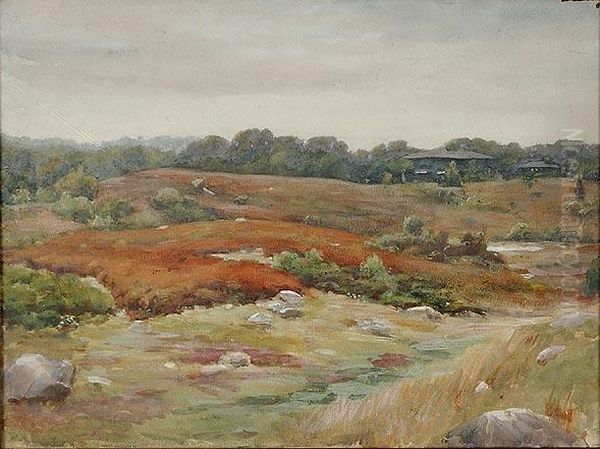 Rockylandscape With House And Trees In The Distance. Oil Painting by Sydney Richmond Burleigh