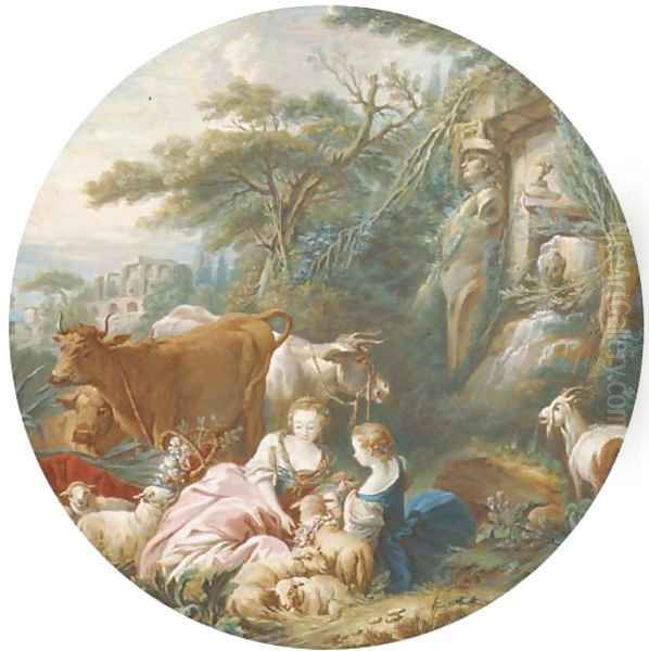 Two shepherdesses with their flocks and herds by an antique spring, classical ruins seen beyond Oil Painting by Pierre-Antoine Baudouin