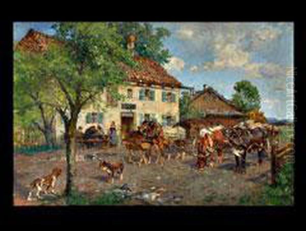 Pferde- Und Ochsenkarren Vor Dem Bauernwirtshaus Oil Painting by Paul Burmeister