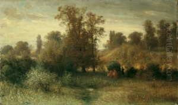 Baumbestandene Landschaft Mit 
Heuwagen In Der Umgebung Von Frankfurt/main. Ol Auf Leinwand. H 37; B 63
 Cm. Provenienz: Galerie F.a.c. Prestel, Frankfurt/main. Oil Painting by Karl Peter Burnitz