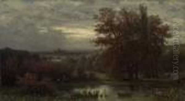 Blick Uber Herbstlichen Weiher Nach Frankfurt Oil Painting by Karl Peter Burnitz