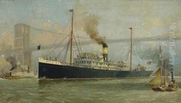 S.s. Ponce Entering New York Harbor Oil Painting by Milton J. Burns