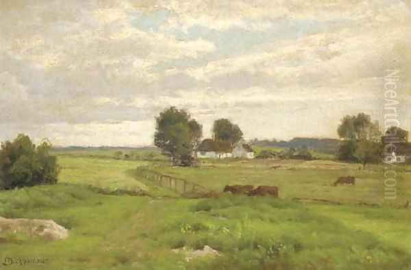 Cattle grazing in a meadow before a farmstead Oil Painting by Axel Birkhammer