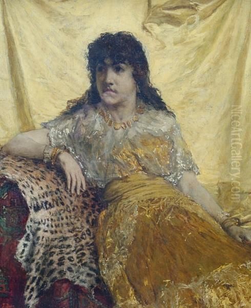 A Woman Reclining On A Leopard Skin Oil Painting by John P. Burr