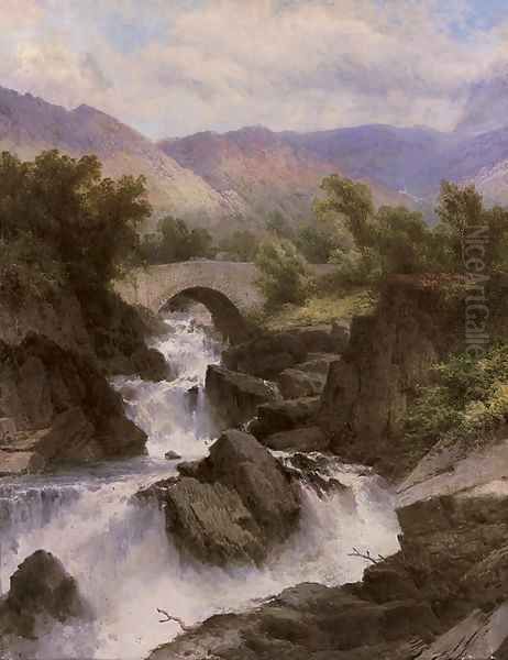 A waterfall in a mountainous landscape Oil Painting by George Law Beetholme