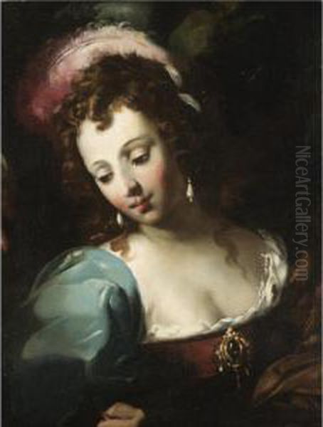 The Head Of A Lady, Wearing A Feather In Her Hair And Pearl Earrings Oil Painting by Gian Antonio Burrini