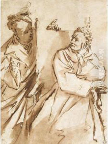 A Caricature Of A Seated Prelate Conversing With Another Man Oil Painting by Gian Antonio Burrini