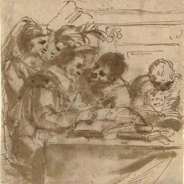 A Group Of Figures At A Table Reading Books Oil Painting by Gian Antonio Burrini