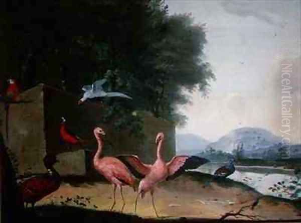 An Assembly of Exotic Birds, Including Flamingoes, Parrots and a Lady Amherst Pheasant Oil Painting by Jan Gerritsz. van Bronckhorst