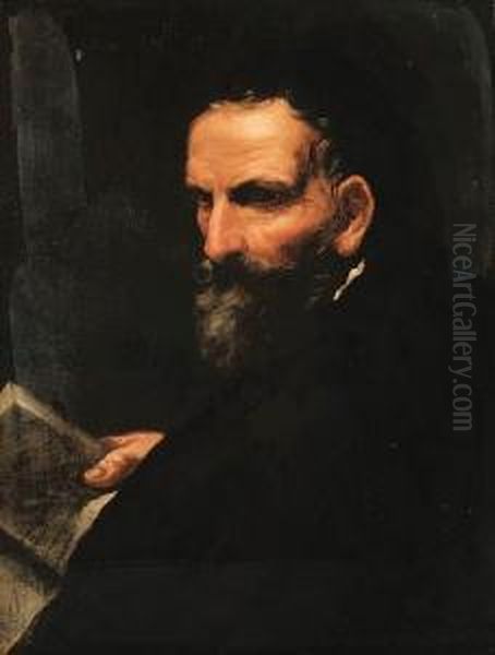 Portrait Of A Gentleman, Half-length, In A Dark Red Coat, Holdingan Open Book Oil Painting by Gian Antonio Burrini