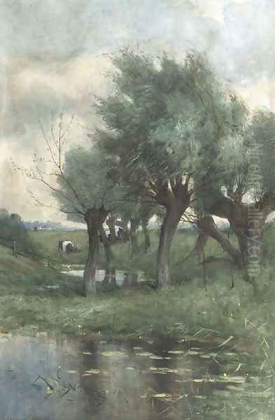 Cows grazing by willow trees Oil Painting by Maria Philippina Bilders-Van Bosse