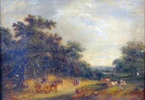 Rural Landscape With Figures, Horse And Cart, And Cattle Grazing Oil Painting by Robert Burrows