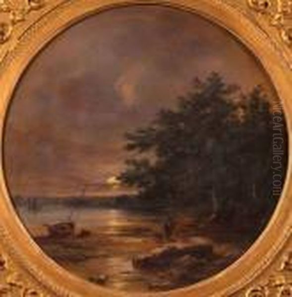 Moonlight Scene On The Orwell Oil Painting by Robert Burrows