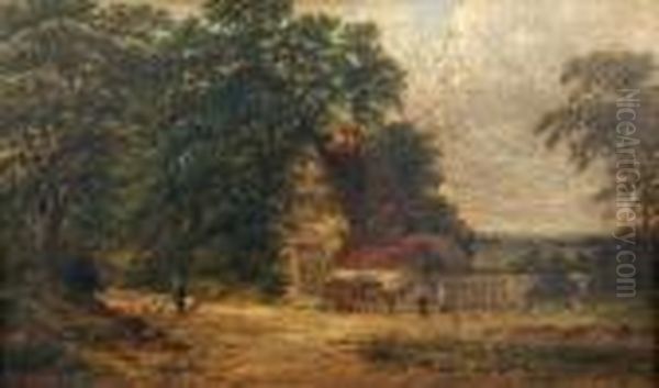 A Donkey And Cart Outside A Farmhouse Oil Painting by Robert Burrows