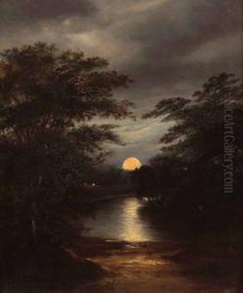 Moonlit River View Oil Painting by Robert Burrows