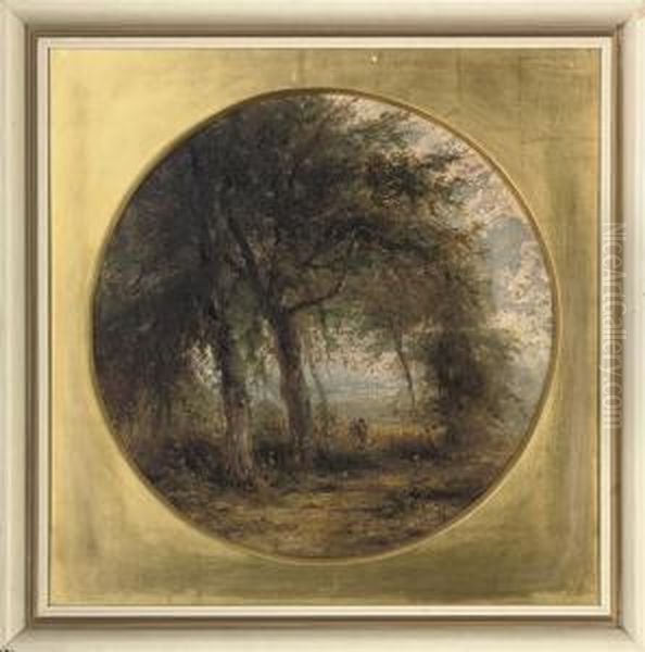 Figures In A Wooded Landscape Oil Painting by Robert Burrows