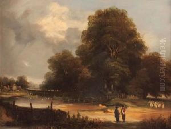 Suffolklandscape With Figures And Sheep Oil Painting by Robert Burrows