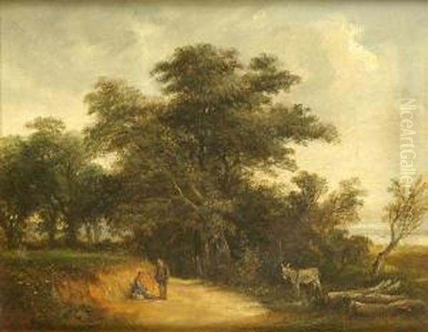 Figures And Donkeyin A Summer Landscape Oil Painting by Robert Burrows