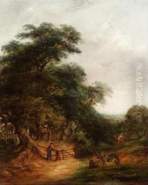 Landscape With Donkeys And A Figure Oil Painting by Robert Burrows