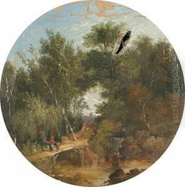 Figures On A Bridge Over A Brook Oil Painting by Robert Burrows