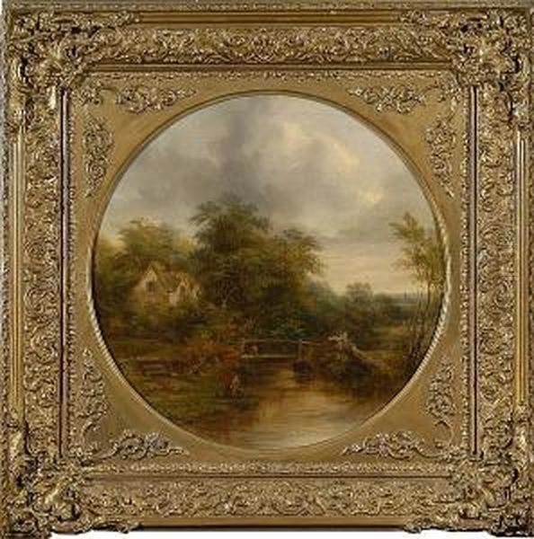 River Landscape With Figures Oil Painting by Robert Burrows