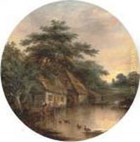 A Milkmaid By A Watermill; And Cattle Watering In A Riverlandscape Oil Painting by Robert Burrows