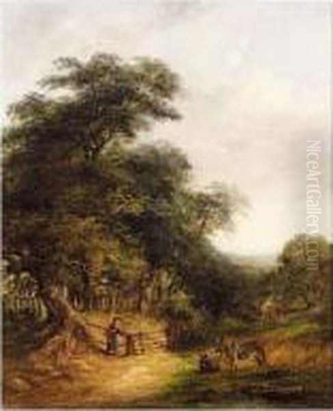 Landscape With Donkeys And Figure Oil Painting by Robert Burrows