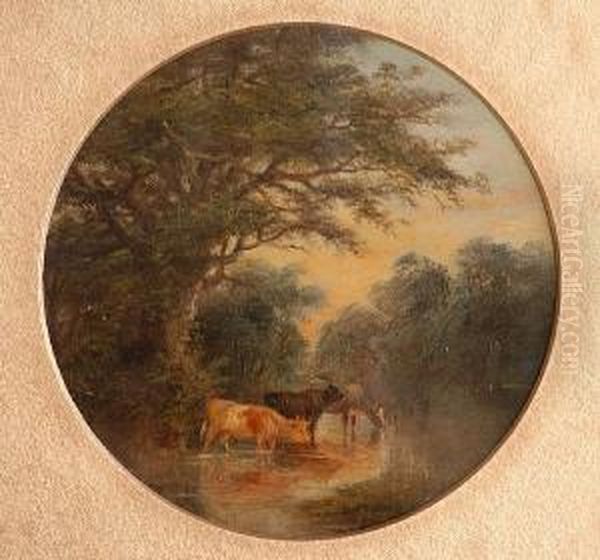 Cattle Watering At A Stream Oil Painting by Robert Burrows