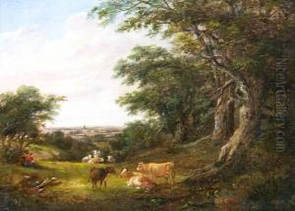 Cattle And Drover In Wooded Landscape Oil Painting by Robert Burrows