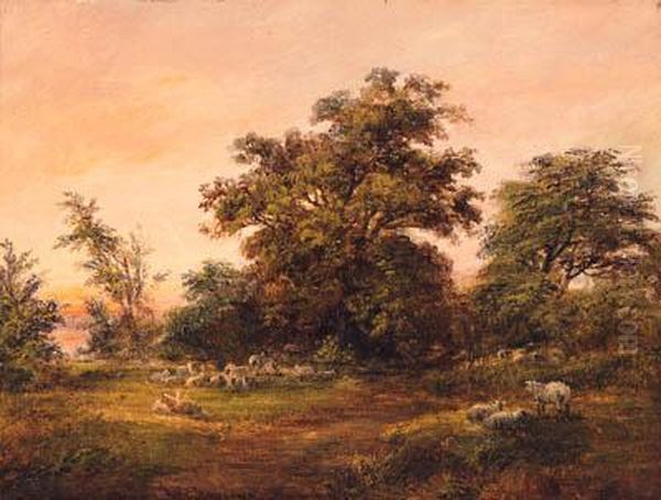 Sheep Grazing At The Edge Of A Copse; And The Blackberrypickers Oil Painting by Robert Burrows