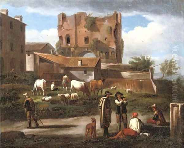 Figures conversing along a path with cattle grazing, the triumphal Arch of Janus Quadrifrons, Rome, in the background Oil Painting by Norbert van Bloemen