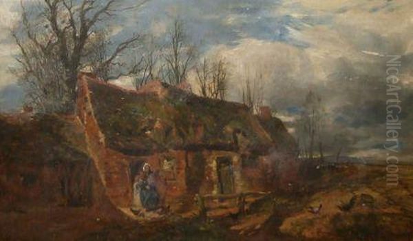 Figures Before A Country Cottage With Poultry By Oil Painting by Charles Thomas Burt