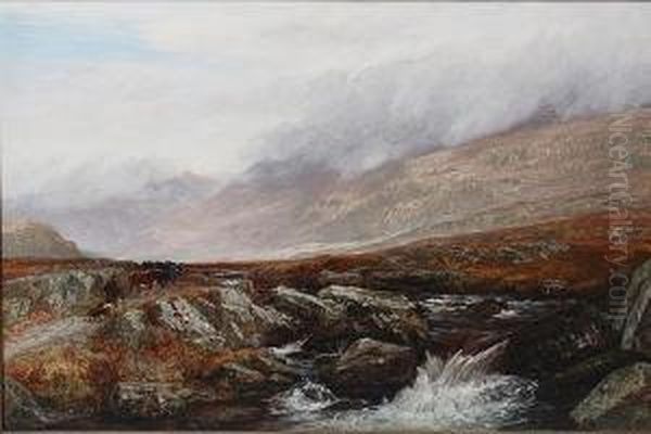 Highland Scene With A Drover And Cattle On A Riverside Path In The Foreground Oil Painting by Charles Thomas Burt